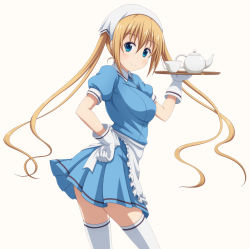 Rule 34 | 1girl, apron, bad id, bad pixiv id, blend s, blonde hair, blue eyes, blue shirt, blue skirt, blush, breasts, closed mouth, collared shirt, commentary request, cup, frilled apron, frills, from behind, gloves, hair between eyes, hand on own hip, hand up, head scarf, highres, hinata kaho, holding, holding tray, ishida seito, long hair, looking at viewer, looking back, medium breasts, puffy short sleeves, puffy sleeves, shirt, short sleeves, simple background, skirt, smile, solo, teacup, teapot, thighhighs, tray, twintails, very long hair, waist apron, white apron, white background, white gloves, white thighhighs