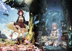 Rule 34 | 2girls, :d, ahoge, atelier (series), atelier sophie, black panties, book, boots, breasts, brown skirt, bug, butterfly, cleavage cutout, clothing cutout, collair (cono), corset, cross-laced footwear, day, floating hair, flower, frilled skirt, frills, full body, garter straps, green eyes, hair ornament, highres, holding, holding book, holding staff, huge filesize, indoors, insect, kneeling, lace-up boots, looking at viewer, multiple girls, open book, open mouth, outdoors, panties, petals, pink flower, plachta, reading, red eyes, red hair, short hair, short hair with long locks, sidelocks, silver hair, skirt, small breasts, smile, sophie neuenmuller, spoilers, staff, standing, thighhighs, tree, underwear, white legwear, yuugen