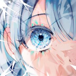 Rule 34 | 1girl, 58 (opal 00 58), bad id, bad twitter id, blue eyes, blue hair, blunt bangs, blurry, close-up, covered face, crystal eye, eye focus, eyelashes, highres, light blue hair, light particles, original, reflection, shards, short hair, sidelocks, solo