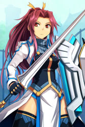 Rule 34 | bail, black thighhighs, gloves, hair ribbon, holding, long hair, lowres, parted bangs, ponytail, red eyes, red hair, ribbon, shield, solo, sword, sword girls, thighhighs, turtleneck, uniform, weapon