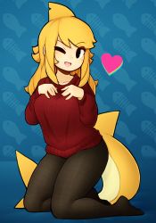 Rule 34 | 1girl, black eyes, black pantyhose, blonde hair, blue background, blush, breasts, collarbone, d-floe, fins, fish tail, hands on own chest, head fins, heart, highres, large breasts, long hair, long sleeves, looking at viewer, one eye closed, open mouth, original, pantyhose, red sweater, shark girl, shark tail, smile, solo, sweater, tail