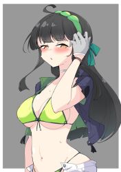 Rule 34 | 1girl, ahoge, bikini, black hair, black jacket, blunt bangs, blush, border, breasts, bright pupils, choker, cleavage, cowboy shot, gloves, green bikini, green hairband, grey background, grey gloves, hairband, highres, jacket, large breasts, long hair, looking at viewer, navel, open clothes, open fly, open jacket, outside border, pants, parted lips, short sleeves, simple background, solo, stomach, sweat, swimsuit, touhoku zunko, very long hair, voiceroid, white border, white choker, white pants, zooanime