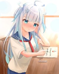 Rule 34 | 1girl, ahoge, amatsuka uto, artist request, blue eyes, blue hair, blush, breasts, commentary, desk, english text, eraser, full-face blush, hair ornament, hairclip, hand on own face, highres, indie virtual youtuber, long hair, looking at viewer, mechanical pencil, paper, pencil, ribbon, school uniform, small breasts, smile, solo, upper body, virtual youtuber, window, writing