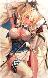 Rule 34 | 1girl, arrow (projectile), blonde hair, bow, bow (weapon), cleavage cutout, clothing cutout, dark-skinned female, dark skin, detached sleeves, elf, garter straps, gloves, hair bow, half gloves, high ponytail, highres, holding, holding arrow, holding bow (weapon), holding weapon, hololive, hololive fantasy, long hair, maison de cante, multicolored hair, pointy ears, shiranui flare, shiranui flare (old design), streaked hair, virtual youtuber, weapon, white garter straps, white gloves
