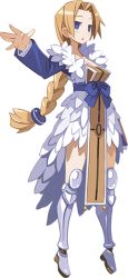 Rule 34 | 1girl, armor, armored dress, blonde hair, blue eyes, boots, bow, braid, disgaea, dress, female angel (disgaea), full body, greaves, harada takehito, jitome, knee boots, long hair, official art, solo, tabard, transparent background, waist bow, white dress