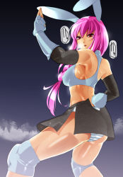 Rule 34 | 1girl, alternate costume, animal ears, ass, bare shoulders, bowalia, breasts, covered erect nipples, elbow gloves, female focus, fighting stance, gloves, knee pads, large breasts, long hair, muscular, panties, pantyshot, pink hair, rabbit ears, rabbit girl, rabbit tail, red eyes, reisen udongein inaba, skirt, solo, striped clothes, striped panties, tail, touhou, underwear, upskirt