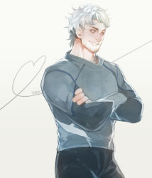 Rule 34 | 1boy, avengers: age of ultron, avengers (series), crossed arms, facial hair, grey hair, heart, heart of string, highres, kyosuke, male focus, marvel, marvel cinematic universe, pietro maximoff, solo, stubble, sweater, white hair