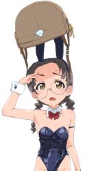 Rule 34 | 1girl, armpits, blue corset, bow, bowtie, breasts, brown eyes, brown hair, combat helmet, corset, fukuda haru, girls und panzer, glasses, helmet, highres, leotard, looking up, monolith (suibou souko), playboy bunny, red bow, red bowtie, salute, small breasts, solo, thighs, white background