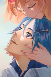 Rule 34 | 1boy, 1girl, blue eyes, blue hair, blue shirt, closed eyes, freyja wion, grey background, hair between eyes, hair ornament, hairclip, hands on another&#039;s cheeks, hands on another&#039;s face, happy birthday, hayate immelmann, hetero, highres, leaning forward, looking up, macross, macross delta, nail polish, open mouth, orange hair, pink nails, shirt, smile, yama0109