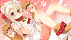 Rule 34 | &gt;:&lt;, 1girl, :&lt;, animal ears, animal hands, apron, bad id, bad pixiv id, blush, bridal garter, closed mouth, commentary request, fate/kaleid liner prisma illya, fate (series), fox ears, fox tail, hair between eyes, highres, illyasviel von einzbern, looking at viewer, lying, naked apron, neck bell, sasahara wakaba, solo, tail, tamamo cat (third ascension) (fate), v-shaped eyebrows