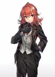 Rule 34 | 10s, 1girl, :d, adjusting clothes, adjusting necktie, ahoge, arashi (kancolle), black gloves, black jacket, black pants, black shirt, blush, buttoned cuffs, buttons, collared shirt, cowboy shot, female focus, formal, gloves, gradient background, grey vest, hair between eyes, hand on own hip, jacket, kantai collection, long sleeves, necktie, open mouth, pant suit, pants, red eyes, red hair, red necktie, shirt, short hair, simple background, smile, solo, soukou makura, standing, suit, tsurime, vest, white background, wing collar