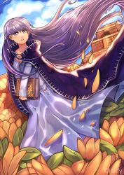 Rule 34 | 1girl, absurdres, belly chain, blue dress, book, braid, cape, cloak, commission, dress, expressionless, fire emblem, fire emblem: the binding blade, fire emblem cipher, fire emblem heroes, flower, hair blowing, highres, holding, holding book, huge filesize, inkfy, jewelry, long hair, long sleeves, nintendo, purple eyes, purple hair, signature, sky, solo, sophia (fire emblem), temple