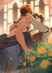 Rule 34 | 2boys, absurdres, bare back, flower, genshin impact, hand on another&#039;s head, hand on another&#039;s thigh, highres, implied sex, implied yaoi, male focus, multiple boys, tartaglia (genshin impact), yaoi, yellow flower, yewood, zhongli (genshin impact)