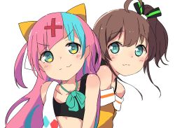 Rule 34 | 2girls, :3, ahoge, blue eyes, blush, bra, breasts, brown hair, collarbone, commentary request, hair ornament, hair ribbon, hairclip, highres, hololive, long hair, looking at viewer, multicolored hair, multiple girls, natsuiro matsuri, natsuiro matsuri (1st costume), okota mikan, pink hair, pinky pop hepburn, portrait, ribbon, shirt, short hair, side ponytail, simple background, small breasts, sports bra, the moon studio, underwear, virtual youtuber, white background