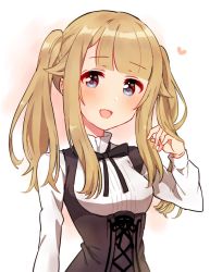 Rule 34 | 1girl, :d, absurdres, alternate hairstyle, arm at side, black dress, black necktie, blonde hair, blouse, blue eyes, blunt bangs, blush, breasts, commentary request, dress, gradient background, hand in own hair, happy, head tilt, heart, highres, long sleeves, looking at viewer, medium breasts, medium hair, necktie, open mouth, pink background, princess (princess principal), princess principal, shirt, sidelocks, simple background, smile, solo, sorimachi-doufu, standing, tareme, twintails, upper body, white background, white shirt