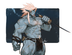 Rule 34 | 1boy, abs, ass, bara, bare pectorals, blue skin, bulge, character request, check copyright, chest hair, colored skin, copyright request, facial hair, flaming eye, goatee, gomtang, holding, holding sword, holding weapon, large pectorals, long sideburns, male focus, mature male, monster boy, muscular, muscular male, navel, navel hair, nipples, original, pectorals, pelvic curtain, penis, penis peek, pink hair, scar, scar on chest, scar on leg, short hair, sideburns, solo, stomach, sword, thick thighs, thighs, veins, weapon