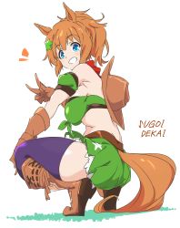 Rule 34 | 1girl, animal ears, armband, blue eyes, boots, breasts, brown footwear, brown gloves, brown hair, brown hat, commentary request, from behind, full body, gloves, green armband, green skirt, hair ornament, hat, hat on back, highres, horse ears, horse girl, large breasts, looking at viewer, midriff, purple legwear, short hair, simple background, skirt, smile, solo, squatting, star (symbol), star hair ornament, taiki shuttle (umamusume), thighs, umamusume, umanosuke, v, white background