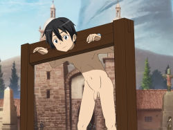 Rule 34 | 10s, 1boy, absurdres, bdsm, black hair, bondage, bound, highres, humiliation, kirito, male focus, nipples, nude, outdoors, penis, pillory, public indecency, restrained, solo, stockade, stocks, sword art online, testicles