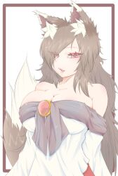 Rule 34 | animal ears, breasts, brown hair, cleavage, cube85, hair over one eye, highres, imaizumi kagerou, large breasts, long hair, looking at viewer, off shoulder, open mouth, red eyes, simple background, tail, touhou, upper body, white background, wolf ears, wolf girl, wolf tail