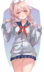 Rule 34 | 1girl, ahoge, blue archive, blue sailor collar, blue skirt, blush, bright pupils, cardigan, commentary, halo, highres, long hair, long sleeves, looking at viewer, medium hair, metsu end, natsu (blue archive), neckerchief, open mouth, pink eyes, pink hair, pleated skirt, red neckerchief, sailor collar, school uniform, serafuku, skirt, solo, thighs, white cardigan, white halo, white pupils