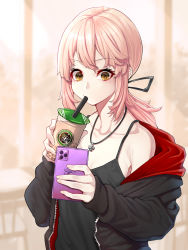 Rule 34 | 1girl, artoria pendragon (all), artoria pendragon (fate), bare shoulders, black jacket, black shirt, brand name imitation, bubble tea, cellphone, chemise, collarbone, commentary request, cross, cross necklace, cup, disposable cup, drinking straw, drinking straw in mouth, fate/grand order, fate (series), highres, holding, holding phone, jacket, jewelry, looking at phone, low ponytail, medium hair, mikan (chipstar182), necklace, off shoulder, open clothes, open jacket, phone, platinum blonde hair, saber alter, shirt, sidelocks, smartphone, solo, spaghetti strap, unzipped, upper body, yellow eyes, zipper