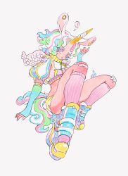 Rule 34 | 1boy, androgynous, animal ears, bandaid, bandaid on knee, bandaid on leg, blue footwear, blue hair, closed mouth, cropped jacket, detached sleeves, ear piercing, earrings, feathered wings, feathers, full body, green hair, hand up, highres, horns, horse ears, horse tail, jewelry, long sleeves, looking at viewer, male focus, monster boy, multicolored hair, one eye closed, original, parted lips, piercing, pink eyes, pink hair, pink socks, pink wings, puffy short sleeves, puffy sleeves, shima (wansyon144), shoes, short sleeves, simple background, single horn, socks, solo, streaked hair, tail, trap, unicorn, white background, wings