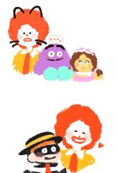 Rule 34 | ..., 1girl, 3boys, afro, birdie the early bird, black headwear, blush, brown hair, closed eyes, clown, drawn ears, drawn whiskers, goggles, goggles on head, grimace (mcdonald&#039;s), hamburglar, hat, hat ribbon, heart, looking at viewer, mask, mcdonald&#039;s, multiple boys, multiple views, nasuya (nasubi yasan), necktie, no lineart, parted lips, red hair, red necktie, red nose, ribbon, ronald mcdonald, shirt, simple background, smile, upper body, white background, yellow ribbon, yellow shirt