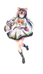 Rule 34 | 1girl, animal ears, bag, black footwear, black hair, boots, brown eyes, dress, fake animal ears, formation girls, full body, goggles around arm, green ribbon, hair ribbon, hamster, hamster ears, handbag, highres, long hair, looking at viewer, low twintails, official art, ozaki rin, ribbon, smile, solo, tenkuu nozora, transparent background, twintails, white dress