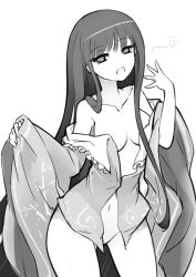 Rule 34 | 1girl, bare shoulders, black hair, bottomless, breasts, brown eyes, collar, collarbone, cowboy shot, eyelashes, female focus, frilled collar, frilled shirt collar, frills, greyscale, hair over shoulder, hand up, highres, hime cut, houraisan kaguya, japanese clothes, long hair, long sleeves, looking at viewer, monochrome, navel, open clothes, open mouth, open shirt, purple eyes, raptor7, shirt, sidelocks, simple background, small breasts, solo, spot color, thighs, touhou, unbuttoned, unbuttoned shirt, waking up, wide sleeves, yawning