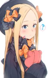 Rule 34 | 1girl, ?, abigail williams (fate), arrow (symbol), black bow, black dress, black hat, blonde hair, blue eyes, blush, bow, closed mouth, commentary request, dress, fate/grand order, fate (series), food, food on face, forehead, gomennasai, hair bow, hat, highres, hugging object, long hair, long sleeves, looking at viewer, orange bow, parted bangs, polka dot, polka dot bow, simple background, sleeves past fingers, sleeves past wrists, solo, spoken question mark, stuffed animal, stuffed toy, teddy bear, very long hair, white background