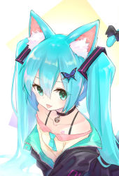 Rule 34 | :p, animal ears, aqua eyes, aqua hair, aqua necktie, bad id, bad pixiv id, bell, black bow, black jacket, blue butterfly, bow, bug, butterfly, butterfly hair ornament, cat ears, cat tail, chest tattoo, collar, collarbone, commentary, hair ornament, hairclip, hatsune miku, insect, jacket, long hair, looking at viewer, neck bell, necktie, nejikyuu, shirt, short necktie, solo, spaghetti strap, tail, tail bow, tail ornament, tattoo, tongue, tongue out, twintails, upper body, very long hair, vocaloid, yellow shirt, zipper
