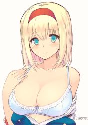 Rule 34 | 1girl, alice margatroid, blonde hair, blue eyes, blush, bra, breasts, cleavage, dress, hairband, large breasts, looking at viewer, off shoulder, open clothes, open dress, short hair, signature, simple background, smile, solo, touhou, underwear, upper body, uro (urotanc), white background