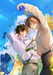 Rule 34 | 2boys, alternate costume, alternate eye color, anzio, arm up, bishounen, black hair, blue butterfly, blue sky, brown hair, bug, butterfly, cloud, code geass, collared shirt, commentary request, eyelashes, flower, from below, green eyes, hair between eyes, happy, holding, holding flower, insect, kururugi suzaku, lelouch vi britannia, long sleeves, looking at viewer, male focus, multiple boys, outdoors, pants, parted lips, purple eyes, red eyes, shirt, short hair, sky, smile, standing, summer, white shirt, wind