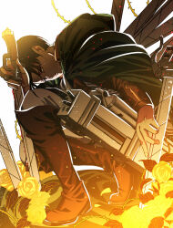 Rule 34 | 1boy, black cloak, black hair, boots, bracer, brown footwear, cloak, dual wielding, embers, flower, full body, holding, holding sword, holding weapon, knee boots, leaf, levi (shingeki no kyojin), looking at viewer, male focus, mixed-language commentary, pants, parted lips, rose, shingeki no kyojin, short hair, simple background, solo, sword, thorns, weapon, white background, white pants, yellow flower, yellow rose, yuna (rutera)