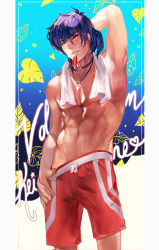 Rule 34 | 1boy, abs, arm behind head, armpits, bad id, bad tumblr id, black hair, blue background, character name, clandestineknight, copyright name, drawstring, earrings, food, gradient background, groin, hand on own hip, highres, hyakujuu-ou golion, jewelry, keith (voltron), leaf, lips, looking to the side, male swimwear, mullet, navel, necklace, patterned background, popsicle, red male swimwear, red swim trunks, seductive smile, smile, sweat, swim trunks, swimsuit, toned, toned male, towel, towel around neck