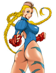 Rule 34 | 1girl, ass, back, blonde hair, blue eyes, blue leotard, bodypaint, braid, breasts, cammy white, camouflage, capcom, clenched hand, covered erect nipples, facial mark, fingerless gloves, floating hair, from behind, garrison cap, gauntlets, gloves, hat, highleg, highleg leotard, large breasts, leotard, lipstick, long hair, looking at viewer, looking back, makeup, multiple views, necktie, one-piece thong, panties, ribbed leotard, ribbed shirt, scar, shirt, simple background, standing, street fighter, thong, thong leotard, turnaround, turtleneck, twin braids, underwear, very long hair, white background, yunioshi