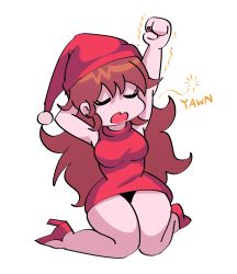 Rule 34 | 1girl, artist request, black eyes, breasts, brown hair, dress, friday night funkin&#039;, girlfriend (friday night funkin&#039;), hat, highres, kneeling, large breasts, long hair, open mouth, red dress, red footwear, shoes, sleeveless, sleeveless dress, very long hair, white background, wide hips, yawning, ytrall