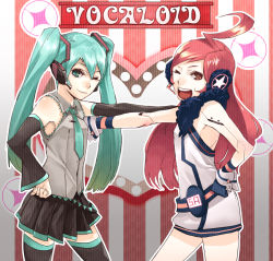 Rule 34 | 2girls, ahoge, android, aqua eyes, aqua hair, belt, detached sleeves, dress, gloves, hand on own hip, hand on shoulder, hatsune miku, headphones, headset, hip focus, joints, laio, long hair, multiple girls, necktie, one eye closed, open mouth, red eyes, red hair, robot joints, sf-a2 miki, skirt, smile, star (symbol), striped clothes, striped gloves, thighhighs, twintails, very long hair, vocaloid, wink, wrist cuffs, zettai ryouiki