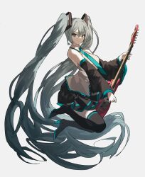 Rule 34 | 1girl, absurdly long hair, aqua eyes, aqua hair, aqua necktie, bad id, bad twitter id, bare shoulders, black skirt, boots, breasts, closed mouth, collared shirt, detached sleeves, electric guitar, fender mustang, full body, grey background, grey shirt, guitar, hatsune miku, high heel boots, high heels, highres, holding, holding instrument, instrument, jumping, long hair, looking at viewer, looking to the side, miniskirt, necktie, shirt, simple background, skirt, sleeveless, sleeveless shirt, small breasts, smile, solo, tachibana wataru (123tsuki), very long hair, vocaloid