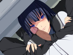 Rule 34 | blue hair, blush, censored, kampfer, long hair, penis, purple eyes, sangou shizuku, school uniform, smile