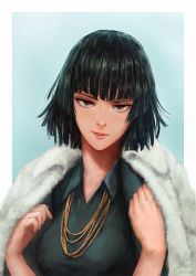 Rule 34 | 1girl, artist name, black hair, blunt bangs, breasts, cheesewoo, coat, collarbone, collared dress, dress, eyelashes, fubuki (one-punch man), fur-trimmed coat, fur coat, fur trim, green dress, green eyes, half-closed eyes, hand up, hands up, jacket, jacket on shoulders, jewelry, lips, long sleeves, looking at viewer, medium breasts, necklace, nose, one-punch man, open clothes, open coat, parted lips, pink lips, resolution mismatch, short hair, signature, smile, solo, source larger, teeth, upper body, upper teeth only, wing collar, winter clothes