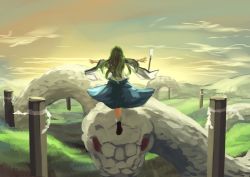 Rule 34 | 1girl, animal, berabou, blue skirt, cloud, cloudy sky, detached sleeves, floating, from behind, full body, giant snake, gohei, grass, green hair, japanese clothes, kochiya sanae, landscape, legs together, long hair, miko, mishaguji, onbashira, oonusa, outstretched arms, oversized animal, pillar, rope, shide, shimenawa, skirt, sky, snake, solo, spread arms, touhou, white snake, wide sleeves