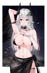 Rule 34 | 1girl, absurdres, arknights, armpits, bare shoulders, bikini, black bikini, black choker, breasts, choker, cleavage, grey hair, hair ornament, highres, infection monitor (arknights), large breasts, long hair, looking at viewer, material growth, meng ziya, mudrock (arknights), mudrock (silent night) (arknights), navel, official alternate costume, oripathy lesion (arknights), parted bangs, pointy ears, red eyes, sarong, solo, sweat, swimsuit