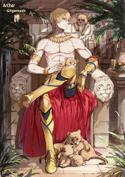 Rule 34 | 1boy, abs, animal, animal on lap, armlet, armor, blonde hair, boots, character name, earrings, fate/stay night, fate (series), food, fountain, fruit, gauntlets, gilgamesh (fate), glass, gold gauntlet, grapes, greaves, headpat, highres, indoors, jewelry, jun ling, crossed legs, lion, lion cub, looking at another, looking away, male focus, muscular, necklace, on lap, palm tree, red eyes, short hair, sitting, solo, throne, topless male, tree