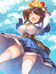 Rule 34 | 1girl, :d, ^ ^, absurdres, arms up, blue skirt, blue sky, blush, bow, bowtie, breasts, brown hair, capelet, closed eyes, cloud, day, draph, gluteal fold, granblue fantasy, hair bobbles, hair ornament, hairband, highres, horns, kokka han, large breasts, long sleeves, open mouth, outdoors, panties, pantyshot, pink panties, shirt, short hair, skirt, sky, smile, solo, stuffed animal, stuffed toy, teddy bear, thighhighs, underwear, white shirt, white thighhighs, yaia (granblue fantasy)