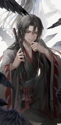 Rule 34 | 1boy, absurdres, bishounen, black hair, black hanfu, black robe, flute, hair ribbon, highres, instrument, long hair, long sleeves, male focus, modao zushi, parted bangs, red ribbon, ribbon, robe, smile, very long hair, wei wuxian, wide sleeves, young57440489