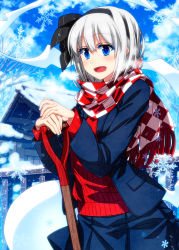 Rule 34 | 1girl, alternate costume, bare tree, blue coat, blue eyes, blue skirt, blush, breath, building, checkered clothes, checkered scarf, coat, cold, colored eyelashes, commentary request, cowboy shot, day, fringe trim, ghost, highres, hitodama, konpaku youmu, konpaku youmu (ghost), long sleeves, open clothes, open coat, outdoors, red sweater, sazanami mio, scarf, short hair, shovel, simple background, skirt, snow, snow shovel, snowflakes, solo, sweater, touhou, tree, winter