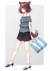 Rule 34 | 1girl, animal ears, arms behind back, bag, bare legs, bare shoulders, black shorts, blue footwear, blush, border, bra strap, brown hair, closed mouth, collarbone, commentary request, dabadhi, dog ears, dog girl, dog tail, drop shadow, frilled shirt, frills, full body, grey background, grey shirt, hand on own arm, high heels, highres, holding, holding bag, layered clothes, layered shirt, legs apart, looking at viewer, off-shoulder shirt, off shoulder, original, outside border, pink lips, purple eyes, sandals, shirt, shopping bag, short hair, short sleeves, shorts, simple background, solo, tail, thighs, white border