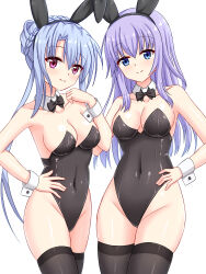 Rule 34 | 2girls, alternate costume, animal ears, black bow, black bowtie, black leotard, black thighhighs, blue eyes, blue hair, blush, bow, bowtie, braid, breasts, cleavage, closed mouth, collarbone, commentary request, cosplay, covered navel, cowboy shot, crown braid, curvy, detached collar, eyes visible through hair, fake animal ears, groin, hair between eyes, hair bun, hand on own hip, hand up, highleg, highleg leotard, highres, large breasts, leotard, long hair, looking at viewer, multiple girls, playboy bunny, purple hair, rabbit ears, red eyes, shiny skin, siblings, side-by-side, sidelocks, simple background, single hair bun, sisters, skindentation, smile, sorakado ai, sorakado ao, split mouth, strapless, strapless leotard, summer pockets, tamba i, thighhighs, tsurime, twins, very long hair, white background