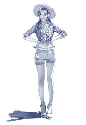 Rule 34 | 1girl, adapted costume, animal print, belt, blue theme, breasts, cleavage, collared shirt, cruiser d.va, d.va (overwatch), day, earrings, front-tie top, full body, hands on own hips, hat, head scarf, headphones, hoop earrings, jewelry, liang xing, light smile, looking back, midriff, monochrome, navel, official alternate costume, overwatch, overwatch 1, paint, paintbrush, plaid, plaid shirt, rabbit print, sandals, shirt, shorts, simple background, sketch, sleeves rolled up, small breasts, solo, standing, unfinished, white background